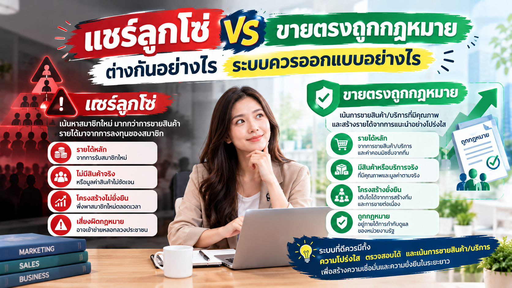 แชร์ลูกโซ่ vs ขายตรงถูกกฎหมาย ต่างกันอย่างไร ระบบควรออกแบบอย่างไร